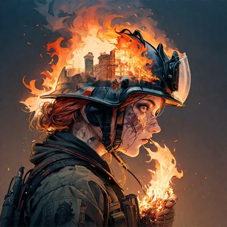 Brave firefighter in flames, by Minjae Lee, Carne Griffiths, Emily Kell, Steve McCurry, Geoffroy Thoorens, Aaron Horkey, Jordan Grimmer, Greg Rutkowski, amazing depth,high resolution, ink painting