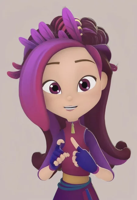 Winks and points her finger at the viewer. No background. Clothed. Colored.