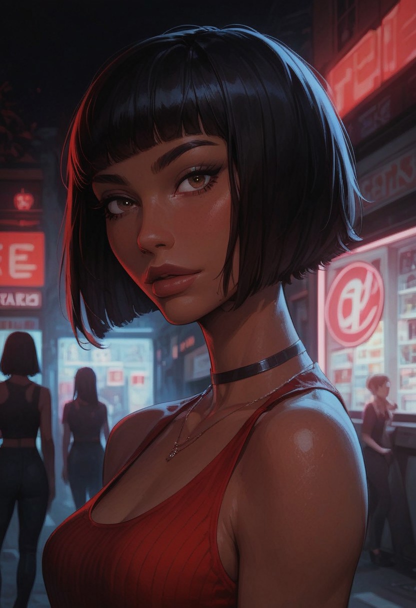 (score_9, score_8_up:1.1), score_7_up, 1girl, sexy, black hair, bob cut, fringe hair, hazel eyes, tanned skin, red ribbed turtle neck tank top, black pencil skirt, black stocking, black high heel, small breasts, slender body, walking home alone, dark night, dark street, neon open sign from convenience store, close up, portrait, detailed,