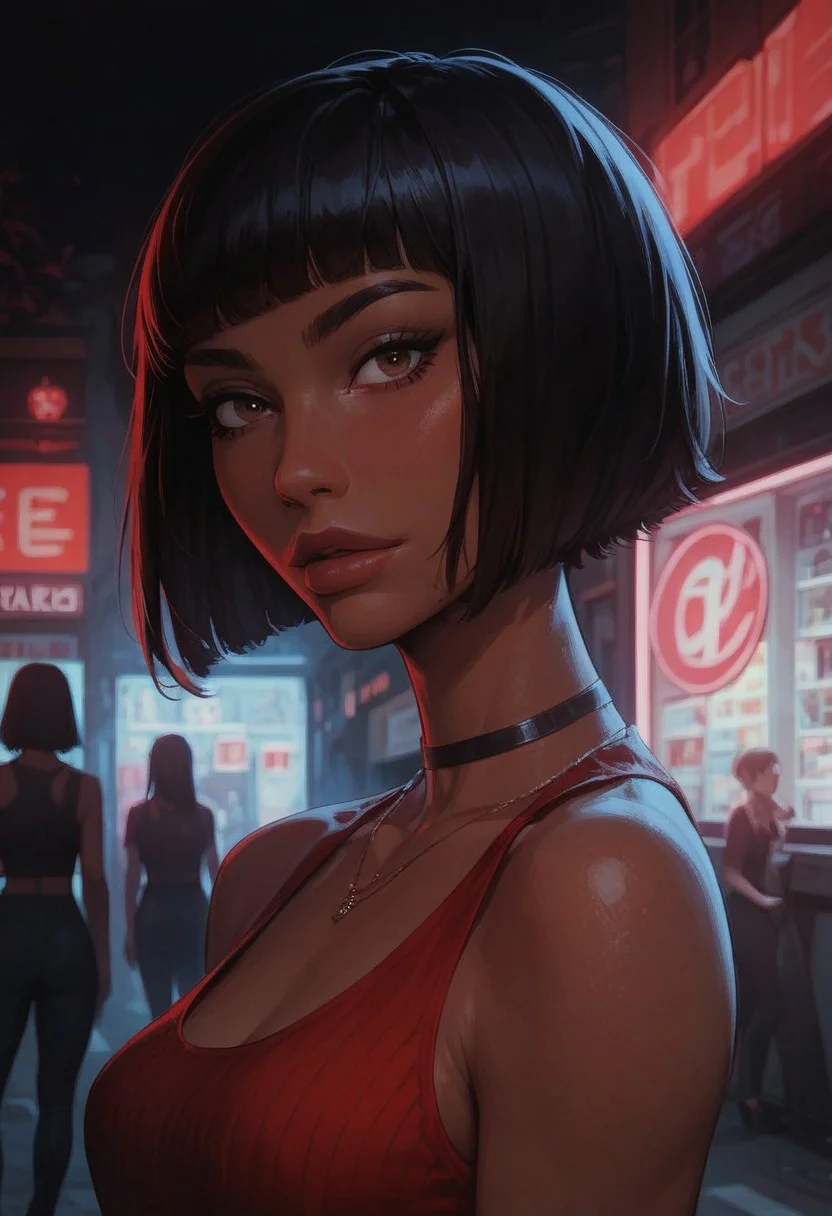 (score_9, score_8_up:1.1), score_7_up, 1girl, sexy, black hair, bob cut, fringe hair, hazel eyes, tanned skin, red ribbed turtle neck tank top, black pencil skirt, black stocking, black high heel, small breasts, slender body, walking home alone, dark night, dark street, neon open sign from convenience store, close up, portrait, detailed,