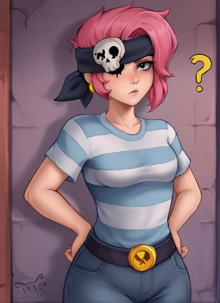 bspenny ,1girl , pink hair , short hair, black eye , bandana, one eye covered , skull ,hairband , striped shirt, belt, looking at viewer ,confused, <lora:bspenny:0.9> <lora:Kittew-4RCH0N:1>4RCH0N