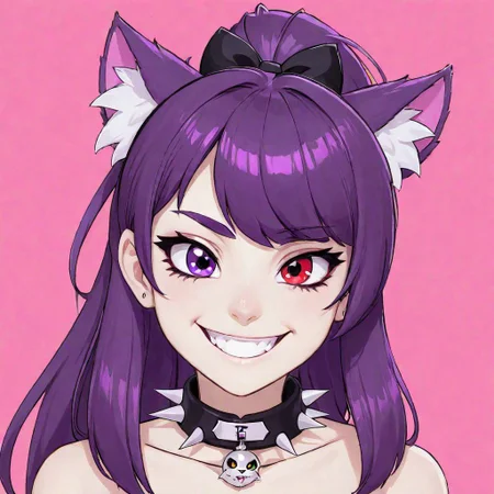 1girl, solo, looking at viewer, smile, bangs, simple background, hair ornament, red eyes, bow, animal ears, hair between eyes, purple eyes, ponytail, purple hair, hair bow, fang, grin, collar, v-shaped eyebrows, animal ear fluff, black bow, colored skin, heterochromia, pink background, portrait, spikes, black collar, spiked collar, portrait