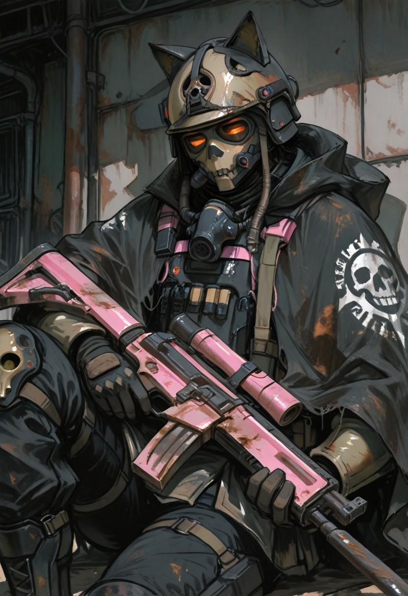 masterpiece, newest, absurdres, safe Solo, high detailed, male, handsome masculine male. Masculine male. Handsome Male, soldier, tactical, beige gasmask, black lenses, orange lenses, orange goggles, male soldier, post apocalyptic, skull gasmask, black tactical gear, rag poncho, black poncho, soldier, tactical, black pants, knee-up view, tattered, post apocalyptic, rust gear, wastelander, cool, rebreather, cat ears helmet, pink gear highlights, pink gear accents, pink assault rifle