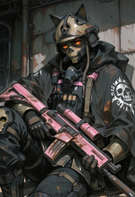 masterpiece, newest, absurdres, safe Solo, high detailed, male, handsome masculine male. Masculine male. Handsome Male, soldier, tactical, beige gasmask, black lenses, orange lenses, orange goggles, male soldier, post apocalyptic, skull gasmask, black tactical gear, rag poncho, black poncho, soldier, tactical, black pants, knee-up view, tattered, post apocalyptic, rust gear, wastelander, cool, rebreather, cat ears helmet, pink gear highlights, pink gear accents, pink assault rifle