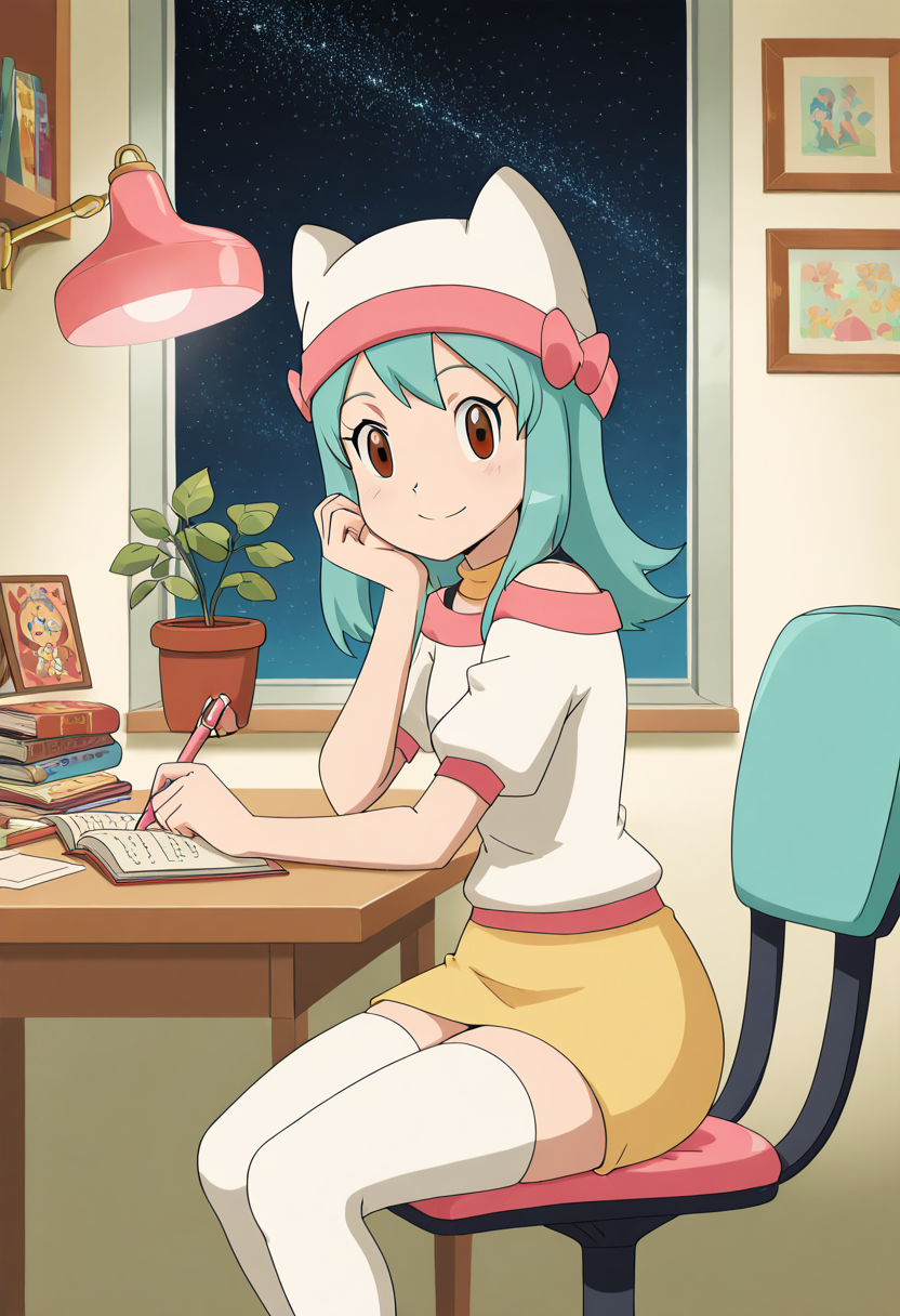 masterpiece, best quality, solo, curvy, beautiful eyes, narrow waist, wide hips, 1girl, solo, smile, looking at viewer,    zzYumei, brown eyes, aqua hair,  animal ear headwear, white shirt, bare shoulders, yellow miniskirt, white thighhighs, zettai ryouiki  <lora:YumeiByKurumiErika_IXL:1.0>,  , zzLofi, sitting, side view, desk, chair, book, bookshelf, head rest, holding, holding pen, lamp, night, open book, pen, plant, potted plant, sky, star (sky), starry sky, window, windowsill, writing, <lora:LofiGirl_Style_IXL:0.8>,
