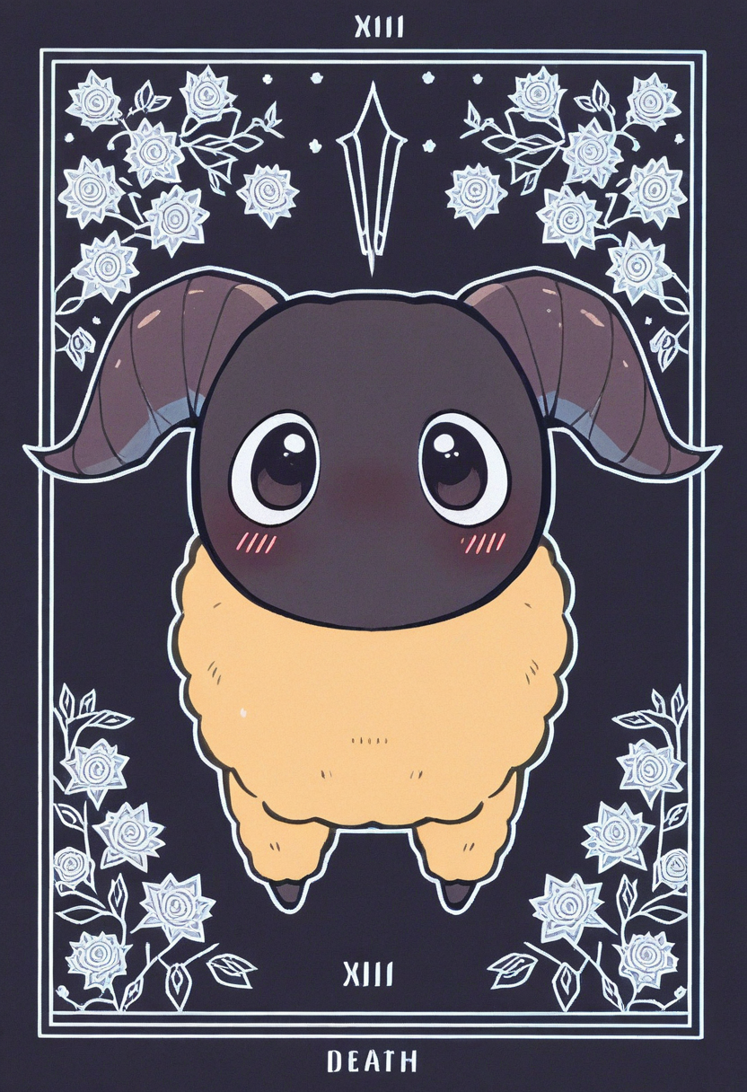 y4n,solo,full body,goat horns,no humans,fluffy,yellow wool,pose,blush,flower background,looking at viewer<lora:yan:1.1>
(taro, tarot, "Death", xiii, line art,full color:1.2)<lora:Tarot:0.8> very awa, masterpiece, best quality, amazing quality, very aesthetic, absurdres, sensitive, newest <lora:spo_sdxl_10ep_4k-data_lora_webui:0.7>,