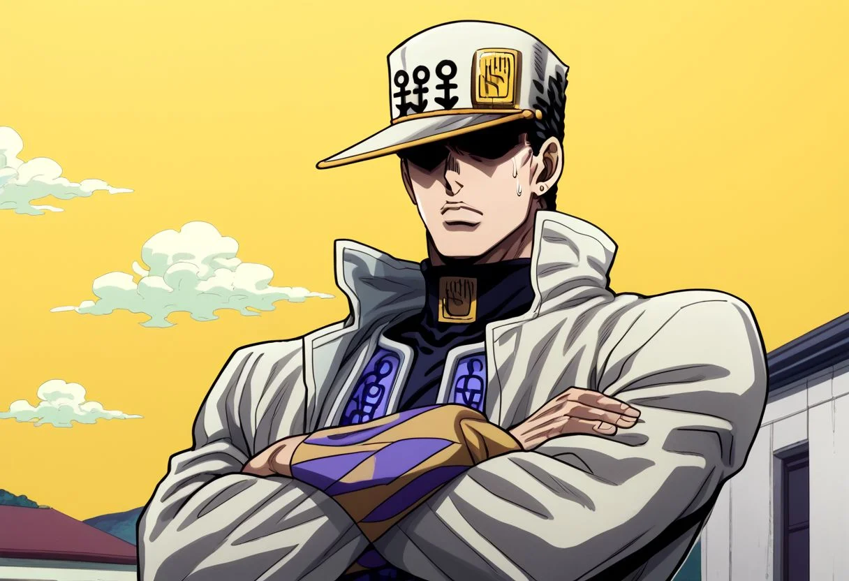 Jotaro Kujo, neutral expression, tired eyes, turtleneck, crossed arms, sigh, black hair, hat, jewelry, blue eyes, stud earrings, muscular, white coat, trench coat, multiple belts, anime style, JoJo, white pants, yellow sky, clouds, solo, 1boy, upper body, text, shaded eyes, anime style, obscured eyes, shadow over eyes, sweat drop,