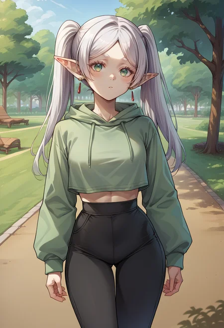 score_9, score_8_up, source_anime, 1girl, solo, Frieren, green eyes, white hair, long hair, twintails, thick eyebrows, earrings, outdoors, park, green hoodie, high-waist pants, yoga pants, black pants, light blush, <lora:ChamFrierenPonyXLCame-000008:1>