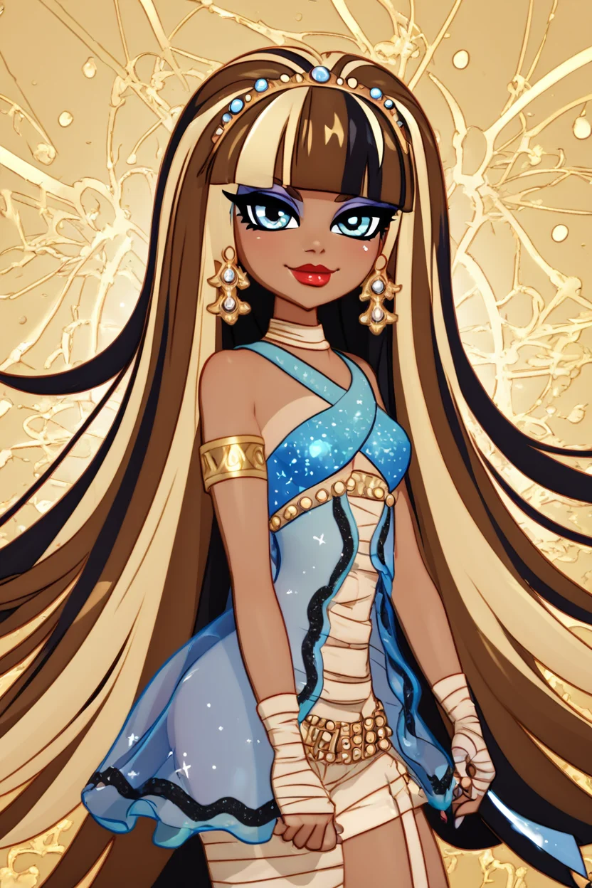 score_9, score_8_up, score_8, medium breasts, (curvy), cute, eyelashes, BREAK, , zzCleo, long hair, multicolored hair, dark skin, blunt bangs, bangs, two-tone hair, black hair, blonde hair, streaked hair, eyeliner, very long hair, brown hair, makeup, lipstick, bandages, jewelry, earrings, eyeshadow, dress, armlet, red lips, <lora:Cleo_MH_PDXL:0.8>, , BREAK, smile, closed mouth, looking at viewer, cowboy shot, ,,, embedding:zPDXL, Expressiveh, ,,, <lora:MantisStyle_PDXL_v2:0.8>, <lora:SDXLFaeTastic2400:0.5>, <lora:Expressive_H-000001:0.4>,