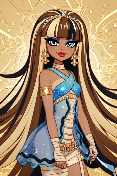 score_9, score_8_up, score_8, medium breasts, (curvy), cute, eyelashes,       BREAK, ,  zzCleo, long hair, multicolored hair, dark skin, blunt bangs, bangs, two-tone hair, black hair, blonde hair, streaked hair, eyeliner, very long hair, brown hair,  makeup, lipstick, bandages, jewelry, earrings, eyeshadow, dress, armlet, red lips, <lora:Cleo_MH_PDXL:0.8>,  , BREAK, smile, closed mouth, looking at viewer, cowboy shot,  ,,, embedding:zPDXL, Expressiveh, ,,, <lora:MantisStyle_PDXL_v2:0.8>, <lora:SDXLFaeTastic2400:0.5>, <lora:Expressive_H-000001:0.4>,