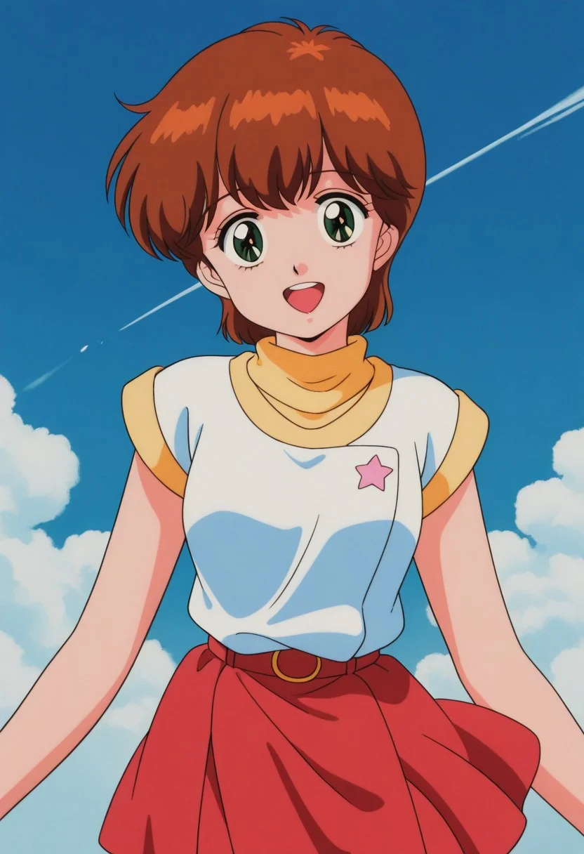 masterpiece, best quality, source_anime,official art,perfect_anatomy,1990s_\(style\),retro_artstyle,mai kazuki,1girl,brown hair,short hair,whithe shirt,short sleeves,red skirt,(looking_at_viewer,smile,open mouth),cowboy shot,hip,close to viewer,day,blue_sky,cloud
