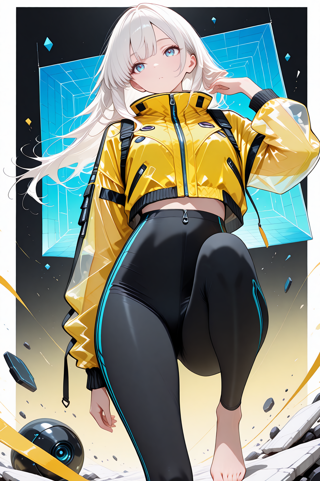 lazympos, rkgk art, rkgk,unfinished, sketch, detailed_eyes, high_quality, best_quality, highres, subject_focus, depth_of_field,
1girl, woman, face, white_hair, blue_eyes, feet_focus, leggings, top, zipper, yellow_jacket, see-through_jacket,
border_frame, simple_background, giant_square,