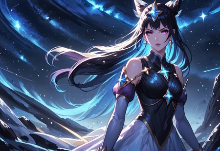score_9, score_8_up, score_7_up, score_6_up, score_5_up, score_4_up, realistic, concept art
BREAK outside, space, galaxy, night, stars, glitter, sparkles, mist, dramatic lighting, action shot
BREAK nyx, goddess of the night, glowing purple eyes, ethereal hair, long flowing hair, prestige star guardian syndra wind
<lora:Nyx-GoddessOfTheNight_ponyXL_v10:1> <lora:Guweiz_ponyXL_v10:0.6>
