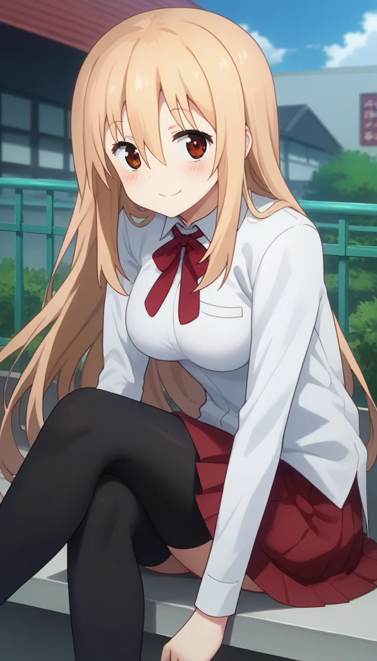 score_9,score_8_up,masterpiece,best quality,correct anatomy,anime_source,1girl,solo,perfect eyes,perfect arms,perfect legs,perfect face,outdoors,upper body,(portrait:1.5),looking at viewer,facing viewer,smile,blush,Doma Umaru,long hair,light brown hair,sidelocks,hair between eyes,bangs,brown eyes,school uniform,white shirt,collared shirt,dress shirt,red bowtie,neck ribbon,red ribbon,long sleeves,medium breasts,shirt tucked in,miniskirt,red skirt,pleated skirt,thighs,zettai ryouiki,black thighhighs,uwabaki,white footwear,<lora:Doma Umaru(huc)-Pony:1.8>,