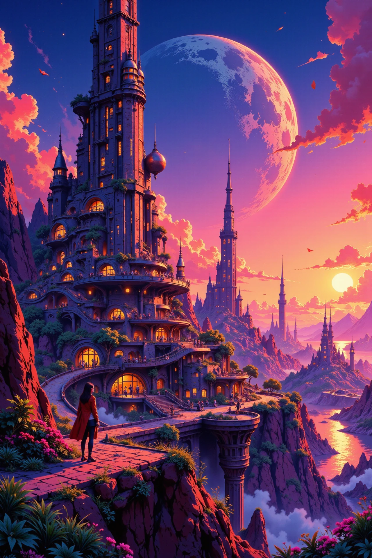 A futuristic city on a distant planet beautiful landscape, sunset, woman, very intricate, very detailed, sharp, bright, colorful, <lora:Hand v2:0.5> <lora:Anti-Blur:1><lora:Insane Detail Slider:0.25>  <lora:flux.1_lora_flyway_Epic-detail_v2:0.3> <lora:fluxenhancer:0.25> <lora:ROWER:0.6> <lora:flux-charmer-v1-1:0.4> <lora:Vibrantly_Sharp_style_v.5:0.4> <lora:Flux_Anime_Retro_Style:0.8> retroanime