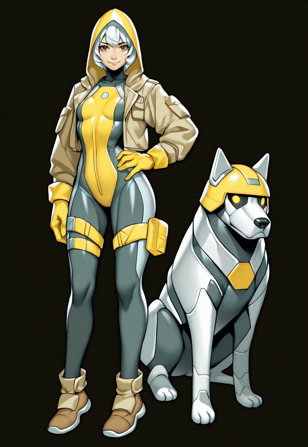 safe_pos, masterpiece, very aesthetic, absurdres, C0M1C5 Style, standing, white hair, long sleeves, open clothes, weapon, black background, hand on hip, helmet, simple background, shoes, bodysuit, looking at viewer, yellow headwear, jacket, gloves, brown footwear, brown eyes, solo, closed mouth, robot, yellow gloves, smile, small breasts, full body, dog, thigh strap, 1girl, short hair, open jacket, hood