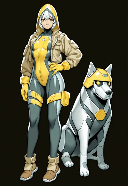 safe_pos, masterpiece, very aesthetic, absurdres, C0M1C5 Style, standing, white hair, long sleeves, open clothes, weapon, black background, hand on hip, helmet, simple background, shoes, bodysuit, looking at viewer, yellow headwear, jacket, gloves, brown footwear, brown eyes, solo, closed mouth, robot, yellow gloves, smile, small breasts, full body, dog, thigh strap, 1girl, short hair, open jacket, hood