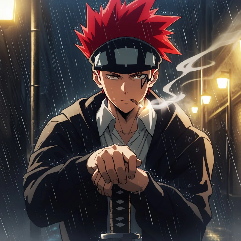masterpiece, best quality, amazing quality, absurdres, newest, detailed background, definition so sharp, Ultra-HD, 8K cinematic, very awa, impressionate, amazing quality, highres,
solo, male focus, manly,
1boy, d0tb_red hair, d0tb_brown eyes, d0tb, spiked hair, facial tattoo, headband, smoking, smoke,
serious expression, hand on sword hilt, protective stance, looking to side, rain, night, streetlights, cool, determined, hot-blooded, watchful
