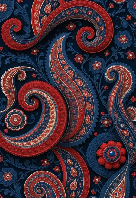 photo of a paisley pattern, boteh, paisley, navy blue, madder red, almond, entwined paislies, official art, aesthetic, dynamic angle, hyper detailed, order and chaos, dark colors, (extremely detailed, intricate details, masterpiece, best quality, 8k wallpaper:1.4), dramatic lighting, (dark blue and madder red palette:1.2), twisting paisley
