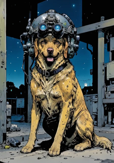 detailed digital illustration upper body shot of young woman n0ds featuring a high tech military helmet equipped with a dual-tube optical device. , A golden retriever sitting obediently on a porch, wearing a dog-sized modern military helmet. The helmet is sleek and black, with a comfortable padded interior for the dog's head. The helmet features two night vision gogglesâshort black tubes with glowing blue lensesâthat are flipped down over the dog's eyes, enhancing its vision in the dark. The blue glow from the goggles contrasts with the dog's golden fur, giving it a somewhat futuristic appearance. The helmet also has a small communication device, its wires tucked neatly behind the dog's ears. The golden retriever sits patiently, its tail wagging slightly, the blue glow from the goggles adding a surreal element to the quiet night scene., at night,, Colored JJK Manga Style, (Mangaka style:0.5)<lora:n0ds_epoch_23.safetensors:1.0:1.0> <lora:Jujutsu_Kasien_Colored_Manga-000001.safetensors:1:1> <lora:Mangaka V2.safetensors:0.5:0.5>