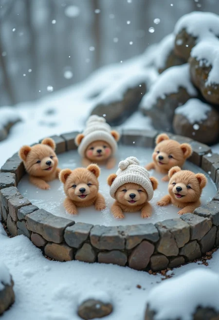 Lots of little cute bear cubs, soaking in a large hot spring, hot spring made of rocks, winter, snow falling, outdoor bath, towel folded into a square on head, back against rock, shoulder-deep in hot water, eyes closed, cloudy white water, smiling, relaxed, childlike atmosphere, clay Model-like image, on top of mountain, steam, red cheeks, background slightly blurred, wide angle, slightly elevated,
aidmafluxpro1.1