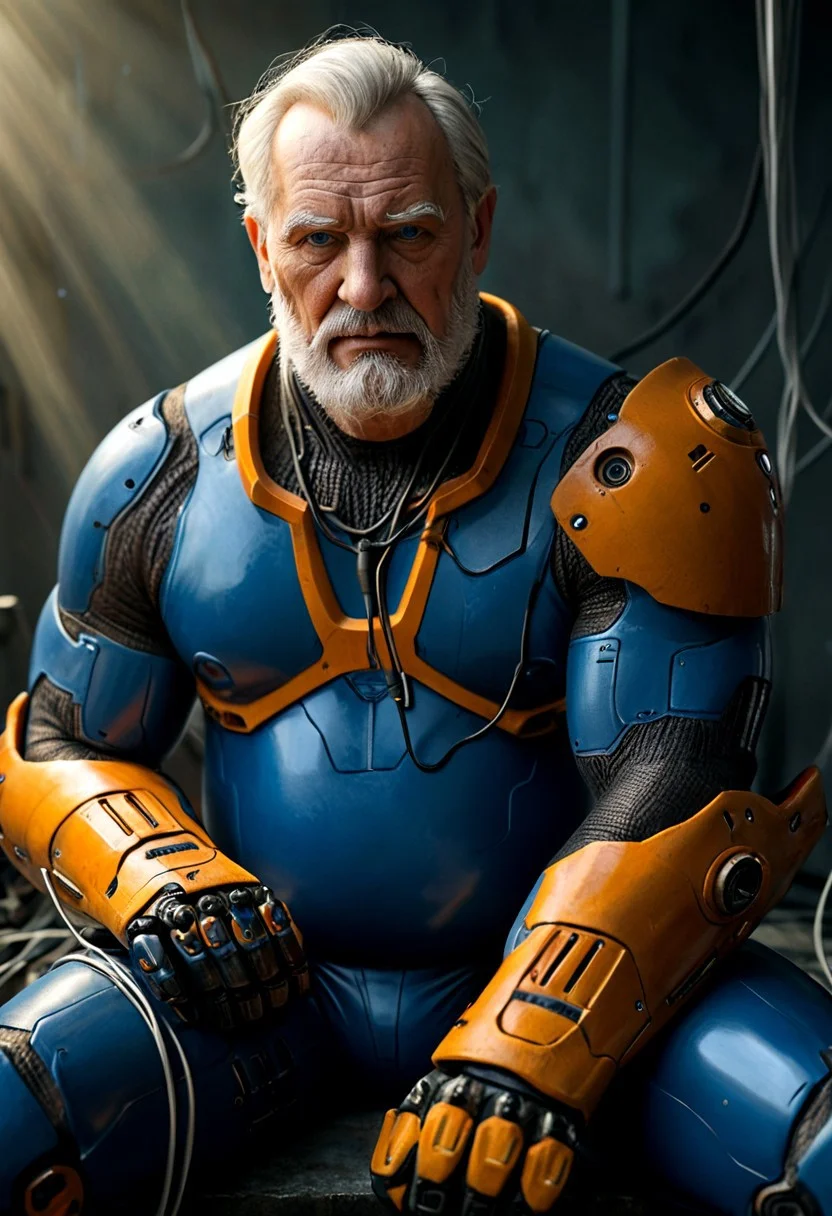 realistic, closeup portrait, face portrait, focus on face, seen from the side, dark cyberpunk megacity, neonlit background, volumetric light rays, natural light, alone, solo, relaxed cute pose, arm resting on leg, old granddad, old man, grandpa, tanned skin, strong tan, pubic-hair, pale blonde short hair, small flat crooked down nose, bushy eyebrows, hairy chest, chesthair, strong manly round chubby face, deep blue eyes, (charming, handsome, sensual, arrogant, challenging), wearing orange cybernetic armor, cables and wires, analogue tech, scifi armor, blue latex bodysuit, cybernetic bodysuit, cyberpunkt accessoires, strong biceps, big neck, doublechin, (tanned skin, strong tan)
