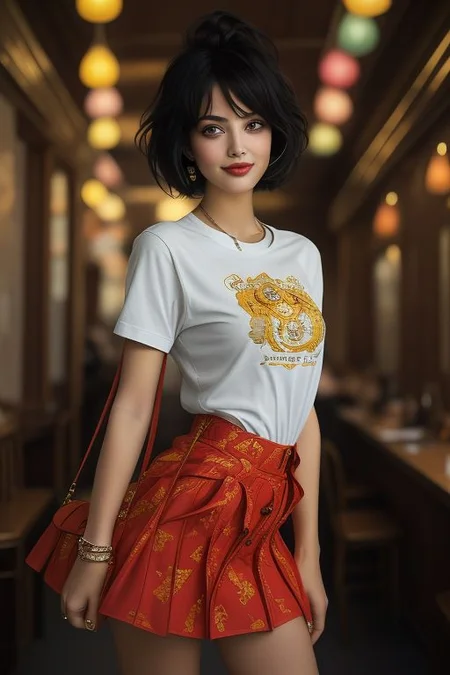 masterpiece,best quality,ultra_detailed, bellissima, 1girl , smile, westwood style, haircut style shag, miniskirt, shirt, from below, shoulder bag  ,by Ellen von Unwerth