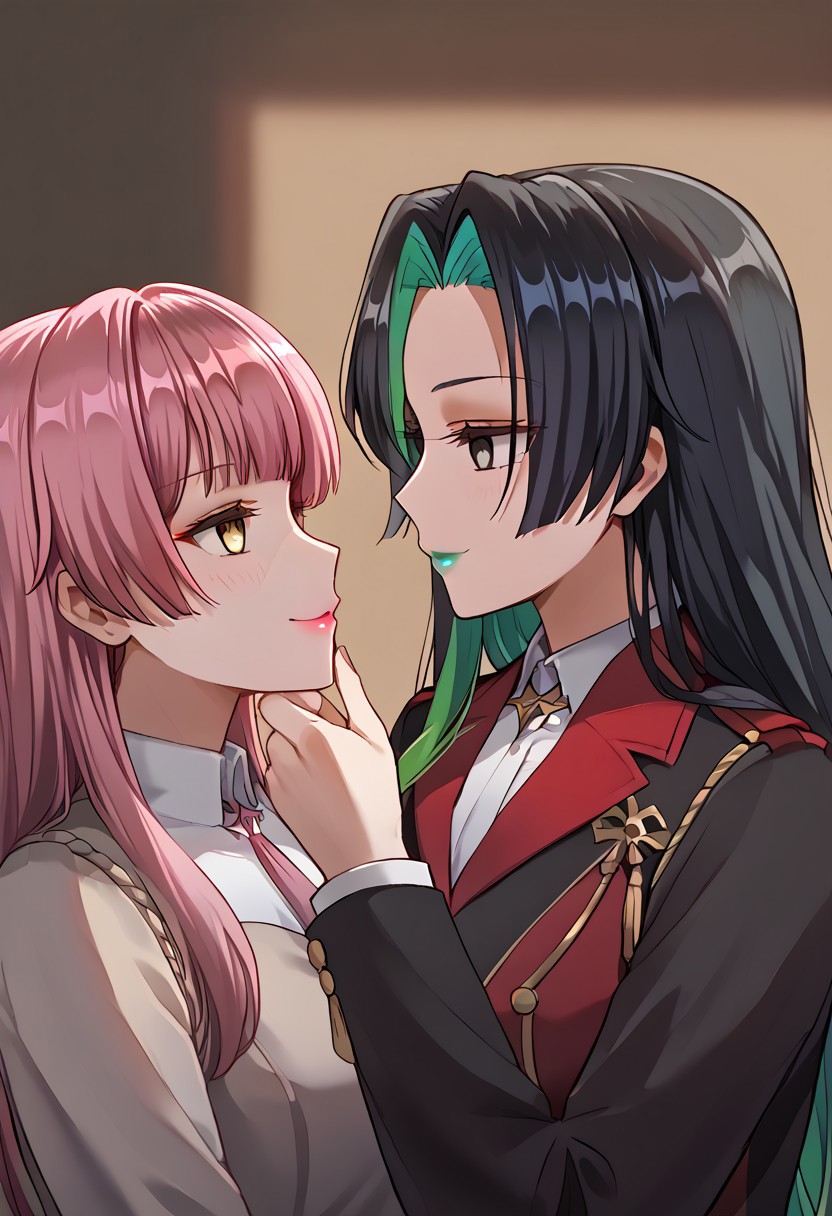 anime, two girls, adult, empty eyes, hypnotized, blank expression, expressionless, chin grab, staring at another, looking into eyes, long hair, two tone hair, sexy smile, uniform, lipstick, black lipstick, pink lipstick, purple lipstick, blue lipstick, green lipstick, yellow lipstick, red lipstick, close up, height difference