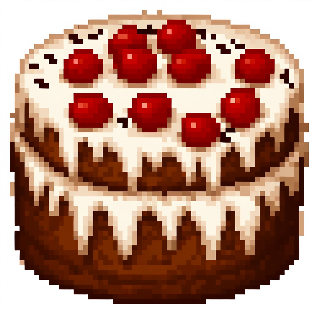 pixel, simple background, white background, cake, chocolate cake, white icing, red berries, jam, sprinkles