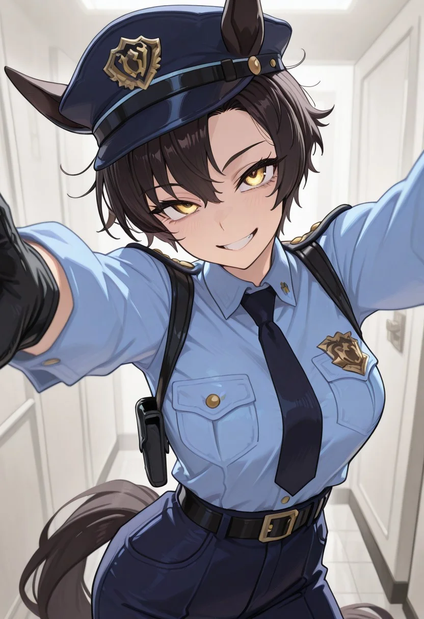 anime, masterpiece, best quality, 8k, ,highres, score_9, score_8_up, score_7_up, score_6_up, source anime, absurdres, very aesthetic, WorldSaboten,
1girl, woman, umamusume, horse girl, horse ears, horse tail tomboy,
(very short hair, black hair, pixie cut, messy hair, curtained hair, gold eyes, sharp eyes, crazy look, tall, toned, medium breasts),
(police uniform, police hat, highwaist pants, black belt, shoulder straps, black leather gloves),
kabedon on viewer, jail cell,