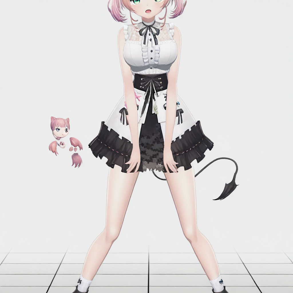 open mouth, white socks, sitting, green eyes, simple background, tail, head out of frame, skirt, upper body, looking at viewer, shirt, virtual youtuber, standing, pink hair, bangs