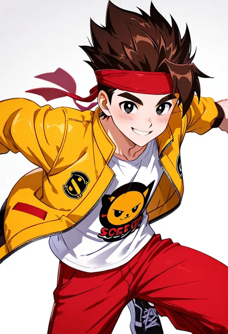score_9,score_8,score_7,score_8_up,score_7_up,score_6_up,absurdres, masterpiece, best quality, very aesthetic,perfect face,(ultra-detailed) ,blush,1boy, solo, male focus, red headband, brown hair, thick eyebrows, black eyes,spiky hair,spiked hair,qi xiaotian,white graphic tshirt, red pants, black sneakers,yellow jacket,handsome,anime,smile,dynamic pose