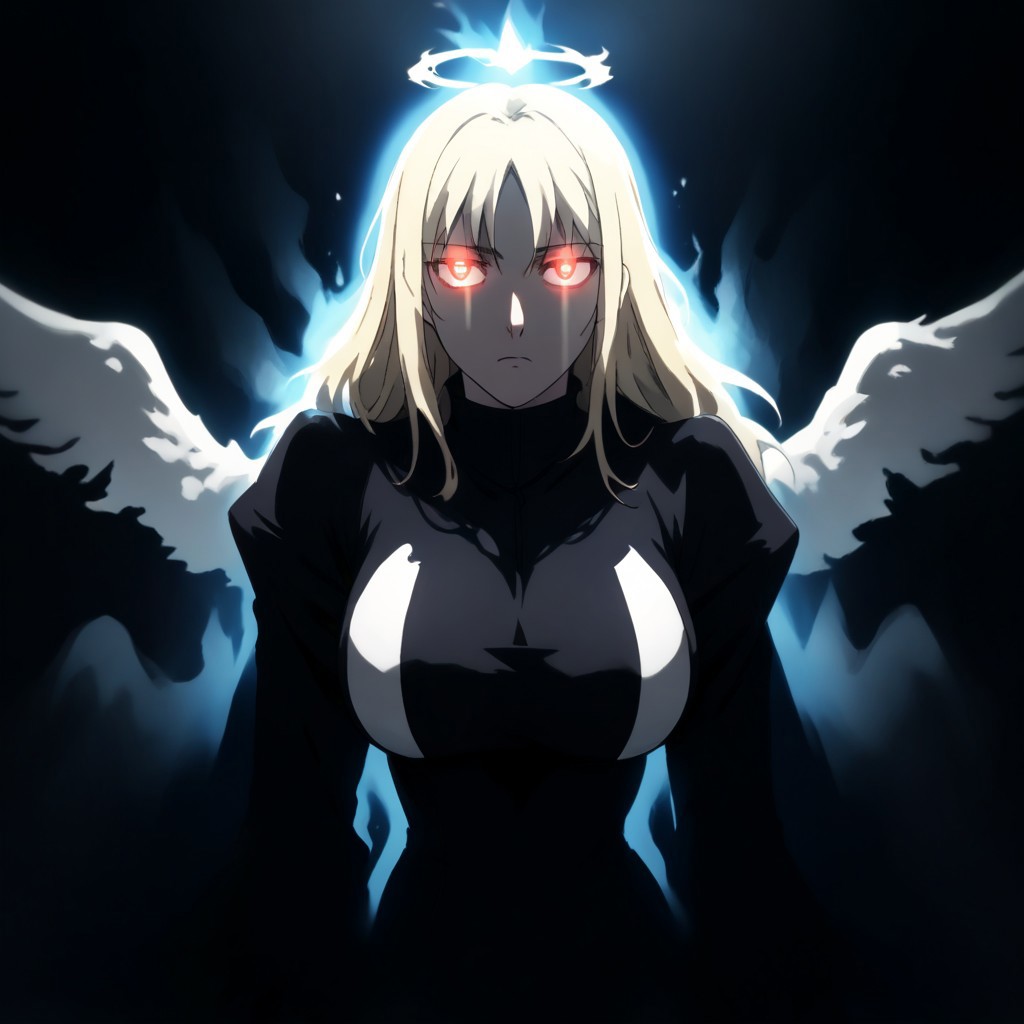 score_9, score_8_up, score_7_up, source_anime, expressive, anime, C0NTR4CT0R, speedlines, dynamic, 1girl, face_hidden, shadows, contrast, (long Hair:1.3), revealing clothing, body silhouette, shadows, large breasts, red_pupils, glowing, glowing eyes, BL4CK3STBL4CK, black_theme, matte_color, flat_color, (fallen_angel:1.4), blonde hair, DARKNESS, fire