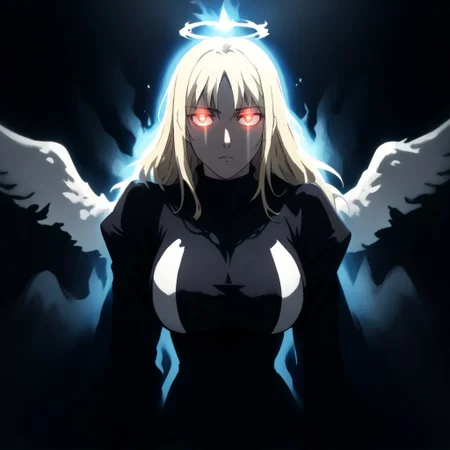 score_9, score_8_up, score_7_up, source_anime, expressive, anime, C0NTR4CT0R, speedlines, dynamic, 1girl, face_hidden, shadows, contrast, (long Hair:1.3), revealing clothing, body silhouette, shadows, large breasts, red_pupils, glowing, glowing eyes, BL4CK3STBL4CK, black_theme, matte_color, flat_color, (fallen_angel:1.4), blonde hair, DARKNESS, fire