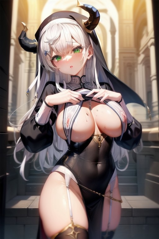 shirogane noel, green eyes, breasts, grey hair, large breasts, long hair, braid, official alternate hairstyle, hair between eyes, virtual youtuber, horns, thighhighs, white thighhighs, cleavage, long sleeves, bangs, nun, pelvic curtain, blush, garter straps, dress, hair ornament,,shirtlift
