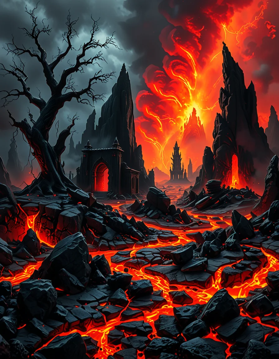 A terrifying and surreal depiction of the depths of Hell. The landscape is vast and nightmarish, filled with jagged obsidian cliffs, rivers of molten lava, and towering spires of blackened rock. The sky is a swirling vortex of crimson and black, illuminated by eerie, flickering flames. Chains dangle from massive, decaying arches, and tormented souls writhe in agony, their ghostly figures stretching toward the burning sky. Demonic creatures with twisted horns and glowing eyes lurk in the shadows, watching hungrily. The ground is cracked and scorched, exhaling thick plumes of sulfuric smoke. In the distance, a colossal, menacing throne made of skulls and bones looms over the infernal landscape, occupied by a shadowy, horned figure. The atmosphere is thick with despair, enhanced by a dramatic, chiaroscuro lighting effect that contrasts the deep shadows with the hellish glow of the flames. Hyper-realistic, highly detailed, dark fantasy style.
<lora:SDXLFaeTastic2400:0.4> <lora:extremely_detailed:0.4> extremely detailed,<lora:depths_of_h3ll:1>,depths of h3ll, Masterpiece,best quality,hi res,8k,hi res,8k,award winning,(sharp focus, intricate, highly detailed),