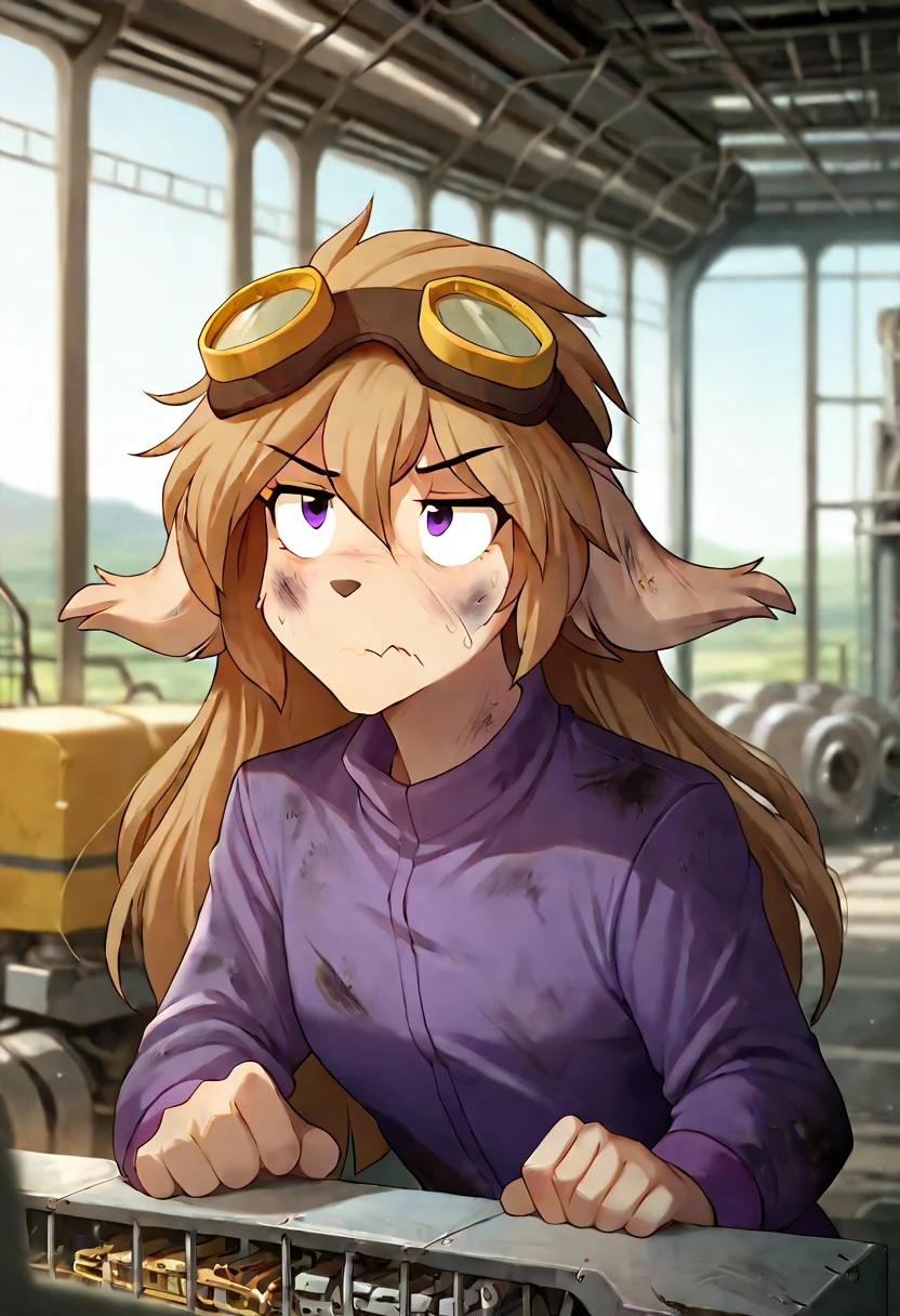 score_9, score_8_up, score_7_up, score_6_up, score_5_up, score_4_up, marblesodastyle, (depth of field:1), factory, machinery, Expressiveh,
1girl, solo, furry, basitin-twokinds, long hair, purple jumpsuit, goggles on head, leaning forward, close-up, annoyed, dirty face, dirty clothes