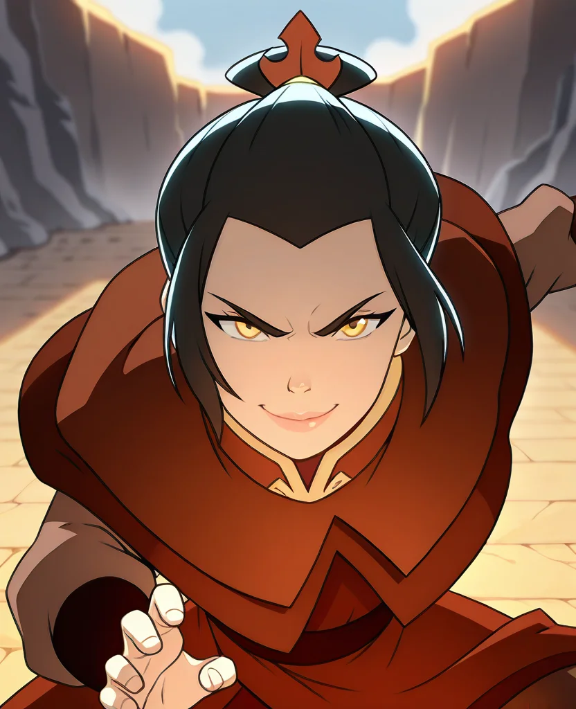 masterpiece, best quality, amazing quality, highres, absurdres, <lora:Azula_2_outfits_ILLUS-000009:0.9> , azula1, 1girl, black hair, long sleeves, azula \(avatar\), yellow eyes, boots, single hair bun, topknot, capelet, short hair, sidelocks, uniform, portrait, close up, looking at viewer, smile, standing, fighting stance, lips,