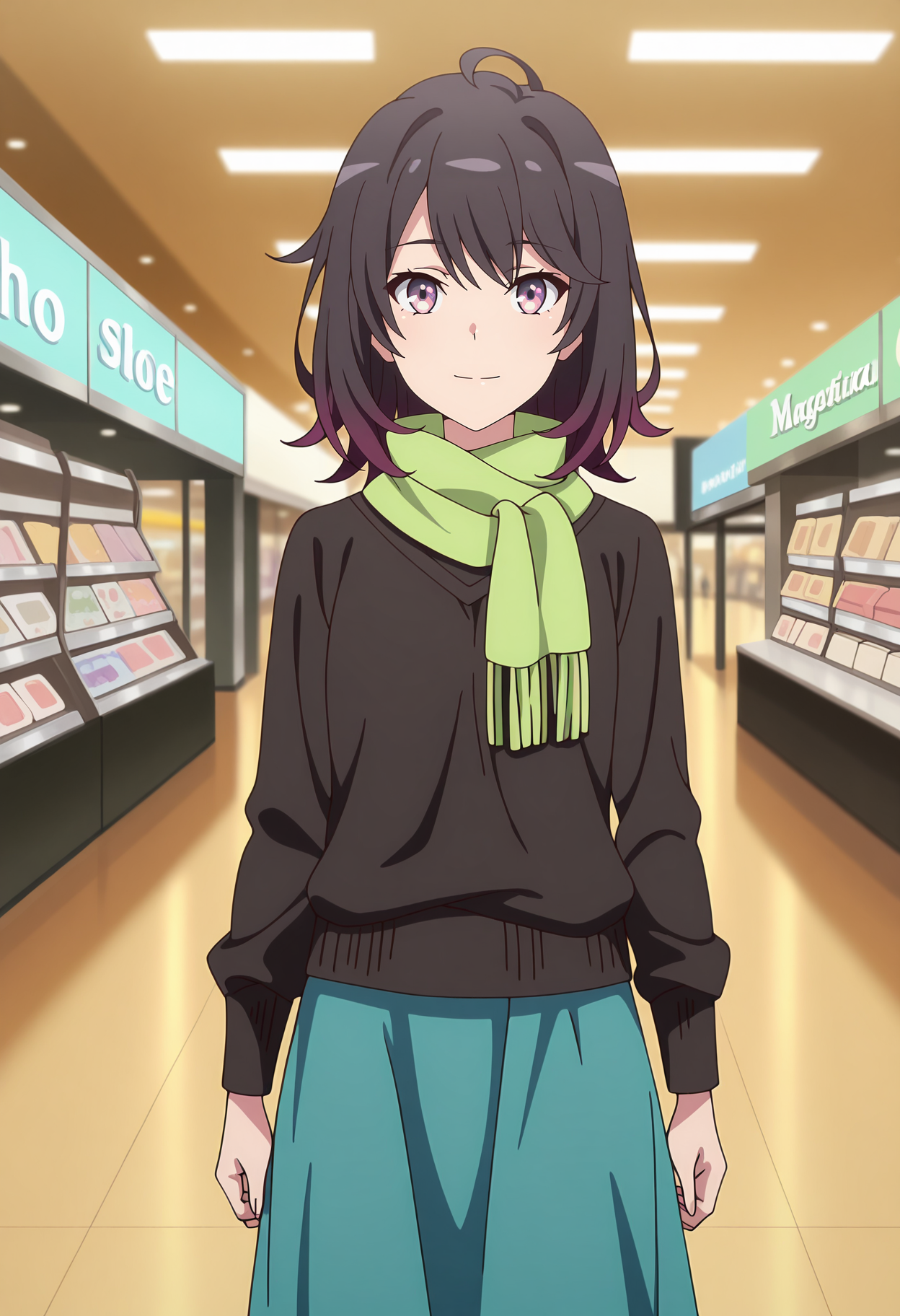 anime screencap, masterpiece, best quality,
<lora:YahariOreNoSeishunLoveComedy_YukinoshitaHaruno_IlluXL:0.9>,
1girl, solo, closed mouth, light smile,
medium hair, multicolored hair, black hair, magenta hair, ahoge, multicolored eyes,
green scarf, black sweater, long skirt, aqua skirt,
cowboy shot, standing, looking at viewer,
shopping mall, indoors, blurry background