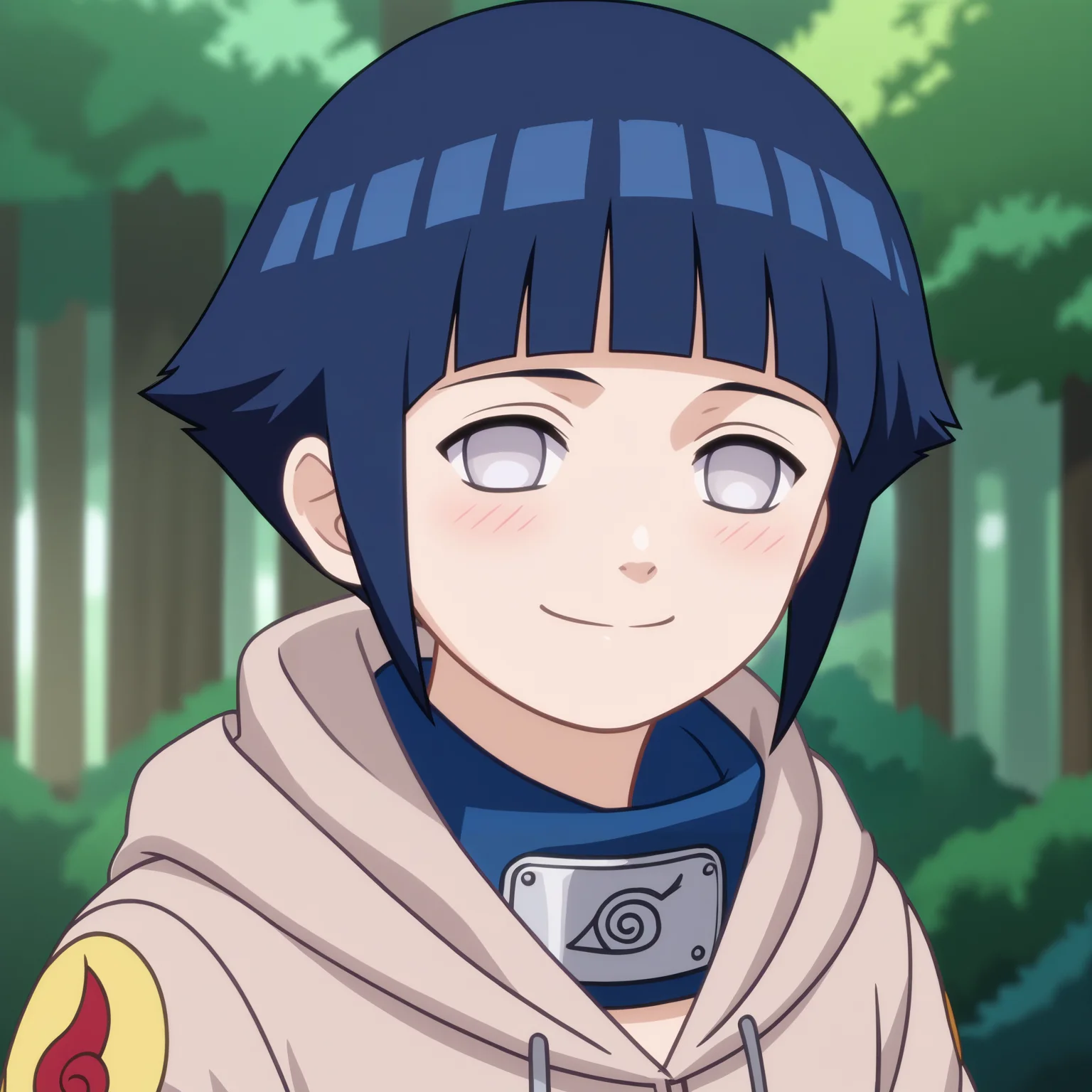 score_9, score_8_up,source_anime,
<lora:HinaGeninXL:1>,short hair, dark blue hair, no pupils, 1girl, blunt bangs, shiny hair, grey eyes, hoodie, solo, hood down,, looking at viewer, blush, smile,konohagakure symbol, forehead protector,portrait, close up,
outdoors, forest,
anime screencap, anime coloring,