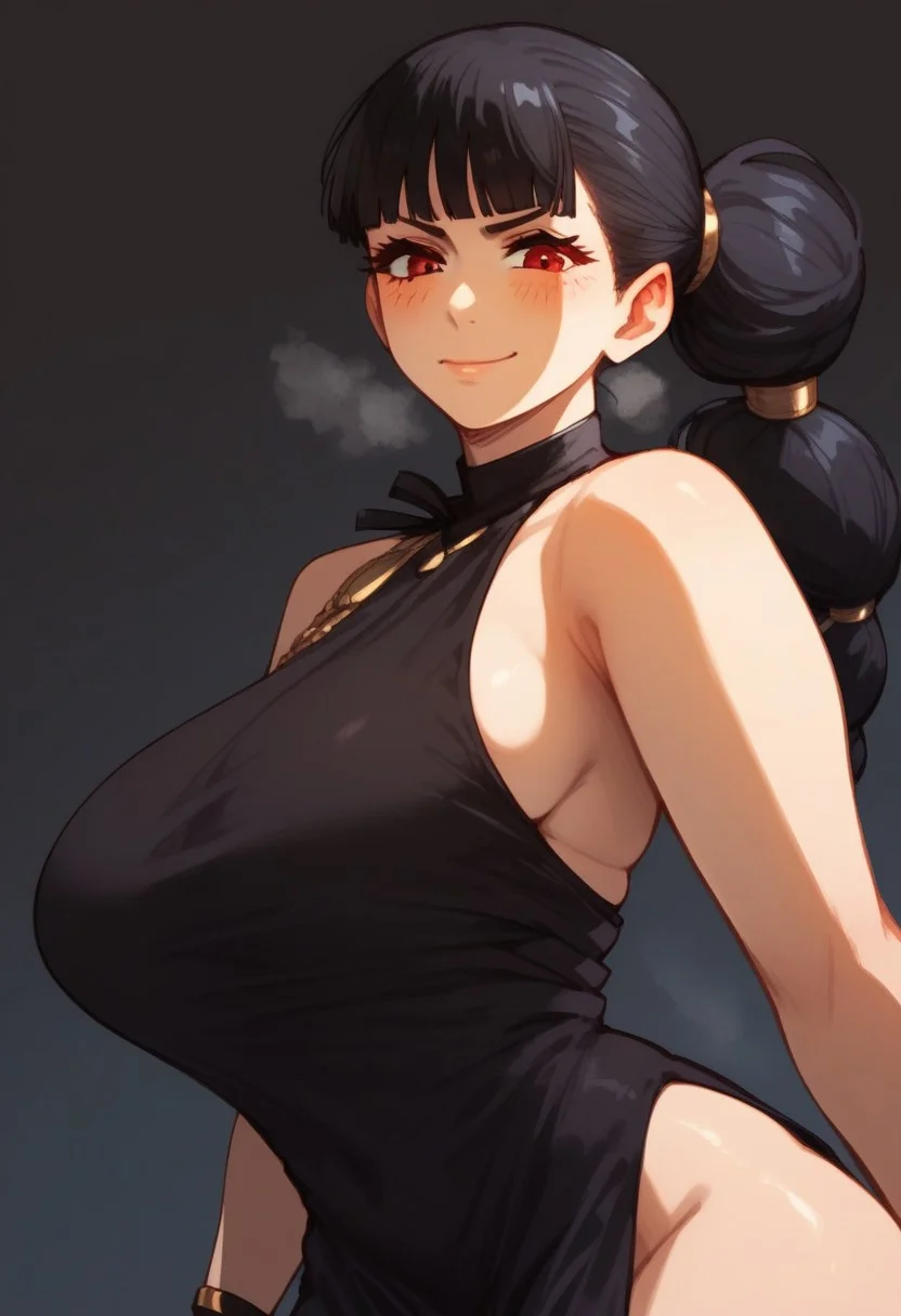 score_9_up, score_8_up, score_7_up, score_6_up, score_5_up, score_4, source_anime, 1girl,
red eyes, black hair, black bracelet, blunt bangs, gold hair rings, multi-tied hair, 1 side slit, black dress,
alone, solo, huge breasts, gigantic round ass, perfect ass, thick thighs, cinematic lighting,
blushing skin, dynamic angle, unique angle, skin tight, looking at viewer, beach
smirk, heavy breathing, steaming_body, (upper body),