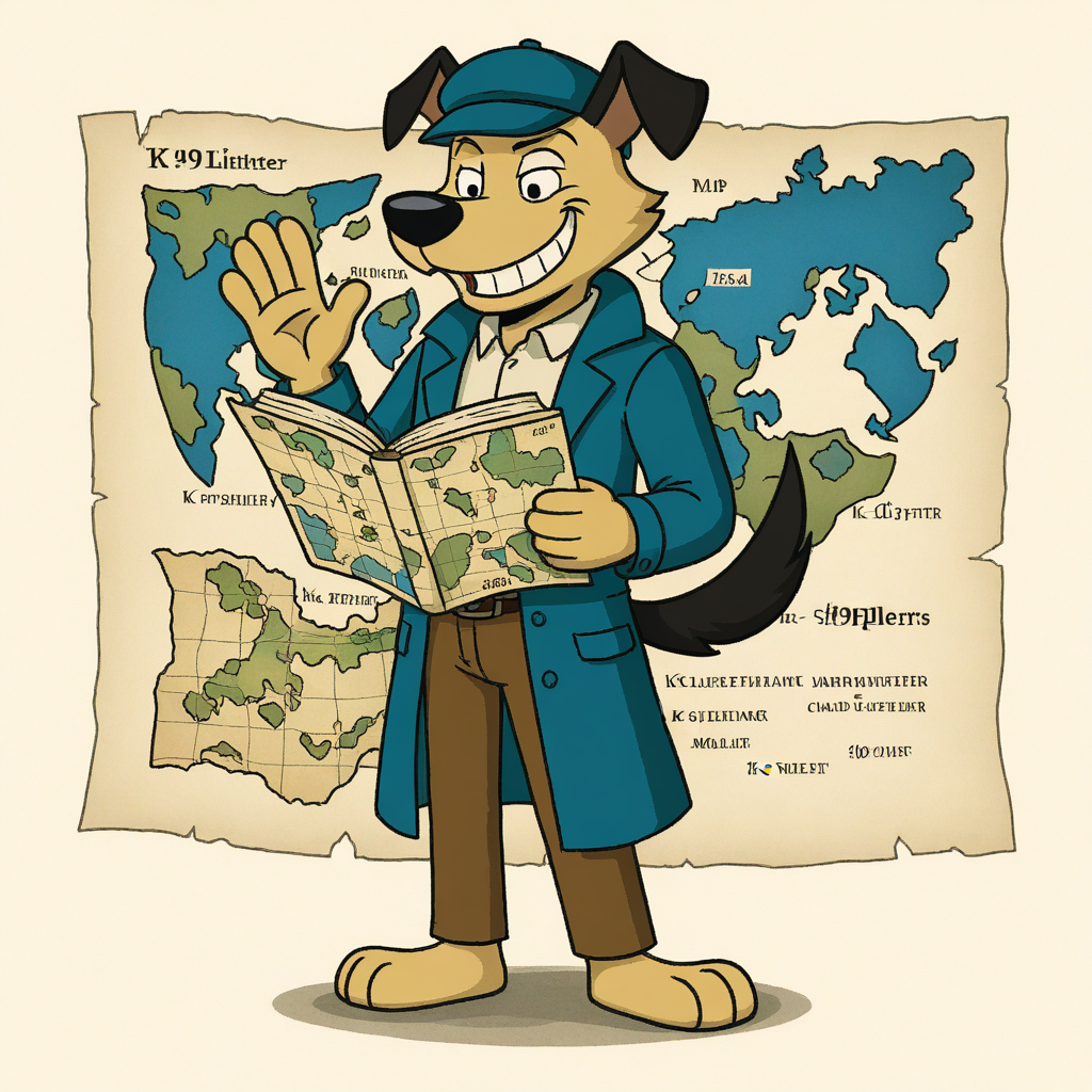 standing, male focus, Grin, solo, K9 Sterling, smile, open mouth, Map, hat, book, Relaxed, furry male, k9 sterling, 1boy