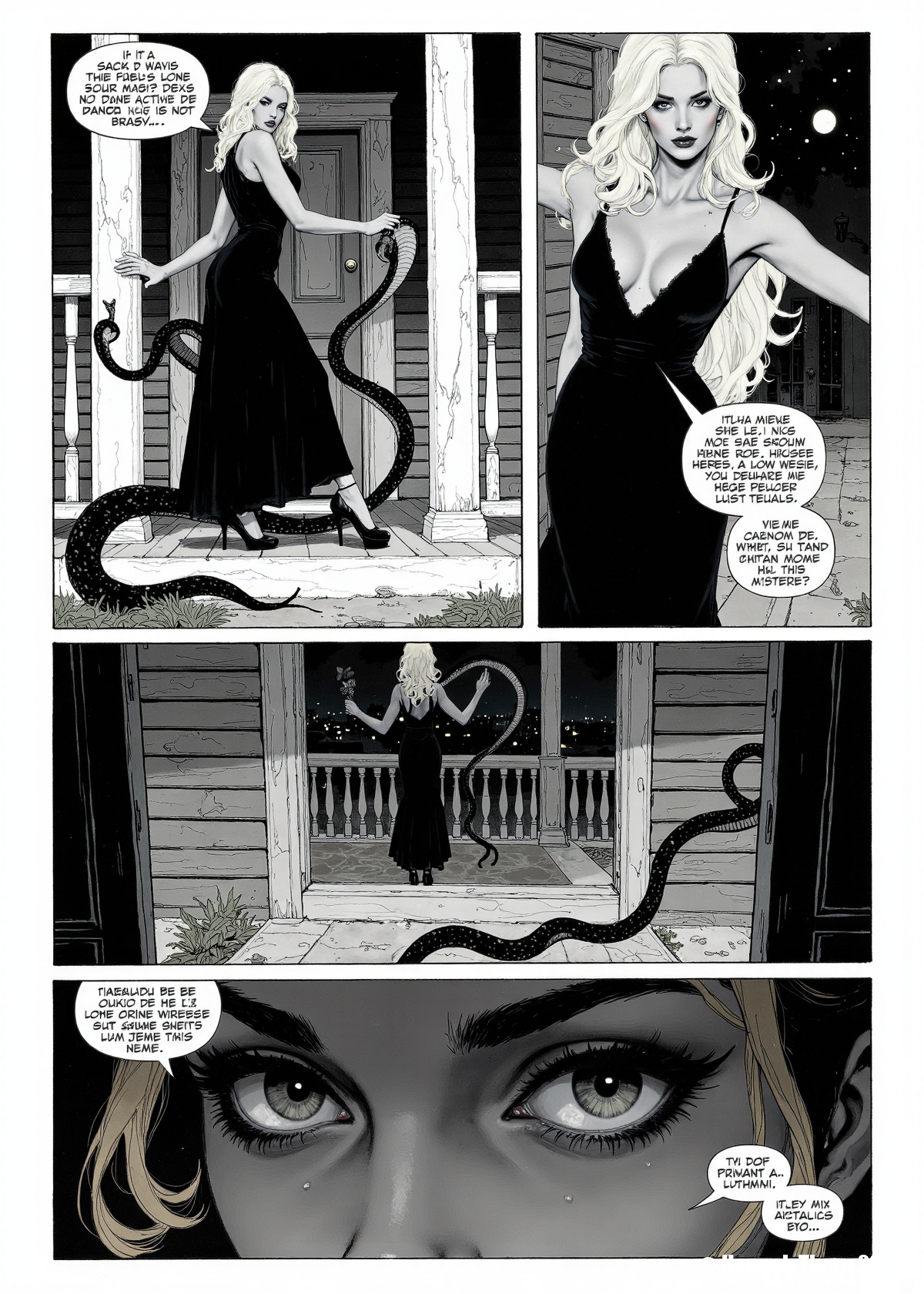 A graphic novel panel in stark black and white, reminiscent of classic comic book noir, depicting a series of interconnected scenes. The central figure is a platinum blonde woman in a flowing black dress and high heels, posed elegantly on a porch. The first scene shows her stepping onto the porch, a large, stylized serpent coiled at her feet. The second shows her leaning against a weathered porch pillar, the snake now subtly entwined with the fabric of her dress. The third is a close-up of her face, her expression a blend of serenity and intense focus, the snake's head visible just behind her. The fourth scene depicts her inside the house, a classic gray clapboard structure, viewed through the window, performing a ritualistic dance with the snake in the dimly lit room. Dialogue bubbles contain fragments of untranslated text, interspersed with English words like "Sophistication," "Primal," and "Embrace." The overall tone explores the convergence of high society and primal instinct, a dangerous elegance. The snake is a recurring motif, symbolizing a hidden, untamed aspect of the woman's personality. The dramatic lighting and high-contrast palette enhance the visual narrative, hinting at a hidden world beneath the surface. The final panel is a close-up of the woman's eyes, reflecting both the city lights and the serpentine coils, suggesting a captivating mystery. <lora:_Flux\_Painting\Erotic Comic F.safetensors:1.2:1.2>