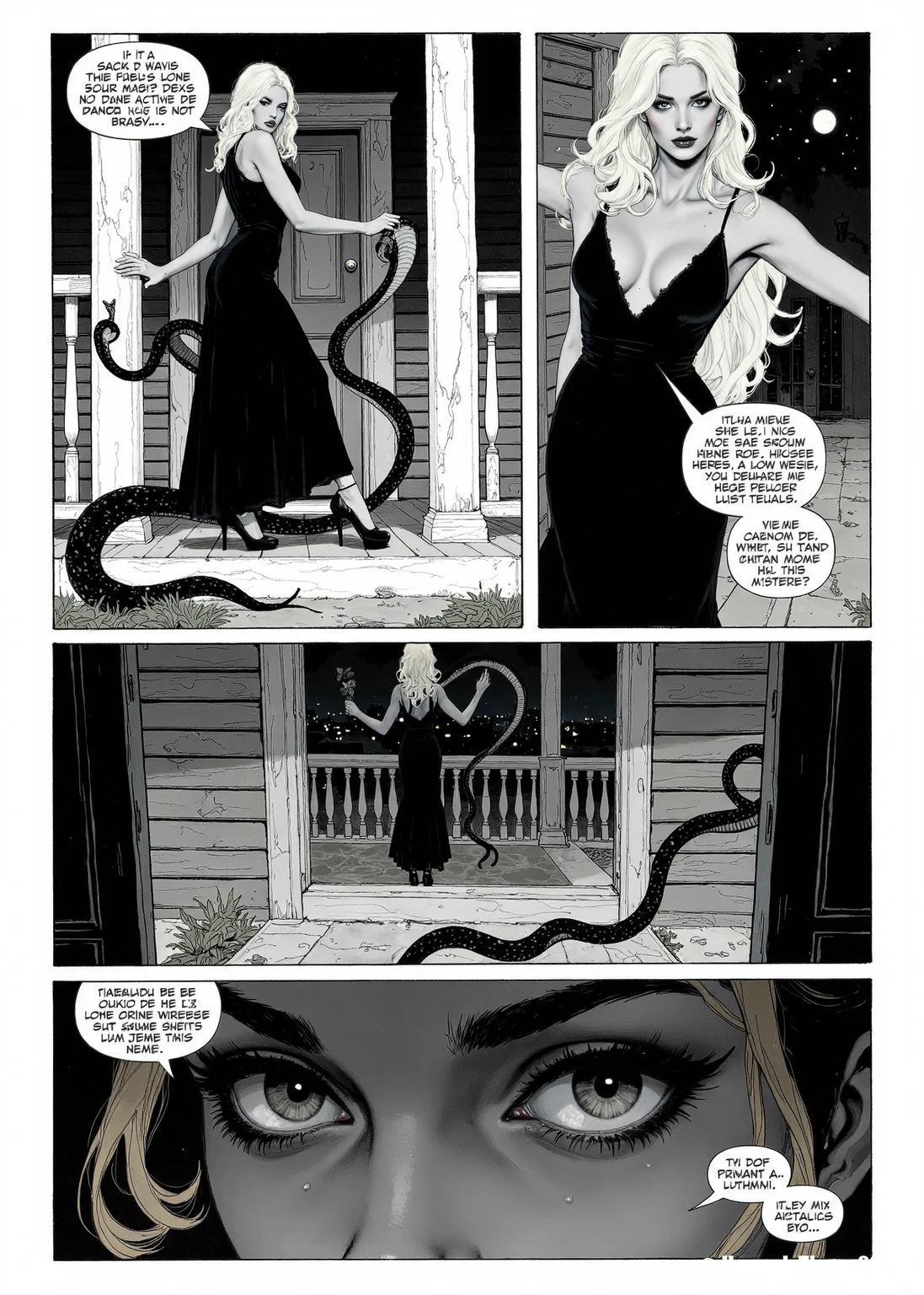 A graphic novel panel in stark black and white, reminiscent of classic comic book noir, depicting a series of interconnected scenes. The central figure is a platinum blonde woman in a flowing black dress and high heels, posed elegantly on a porch. The first scene shows her stepping onto the porch, a large, stylized serpent coiled at her feet. The second shows her leaning against a weathered porch pillar, the snake now subtly entwined with the fabric of her dress. The third is a close-up of her face, her expression a blend of serenity and intense focus, the snake's head visible just behind her. The fourth scene depicts her inside the house, a classic gray clapboard structure, viewed through the window, performing a ritualistic dance with the snake in the dimly lit room. Dialogue bubbles contain fragments of untranslated text, interspersed with English words like "Sophistication," "Primal," and "Embrace." The overall tone explores the convergence of high society and primal instinct, a dangerous elegance. The snake is a recurring motif, symbolizing a hidden, untamed aspect of the woman's personality. The dramatic lighting and high-contrast palette enhance the visual narrative, hinting at a hidden world beneath the surface. The final panel is a close-up of the woman's eyes, reflecting both the city lights and the serpentine coils, suggesting a captivating mystery. <lora:_Flux\_Painting\Erotic Comic F.safetensors:1.2:1.2>