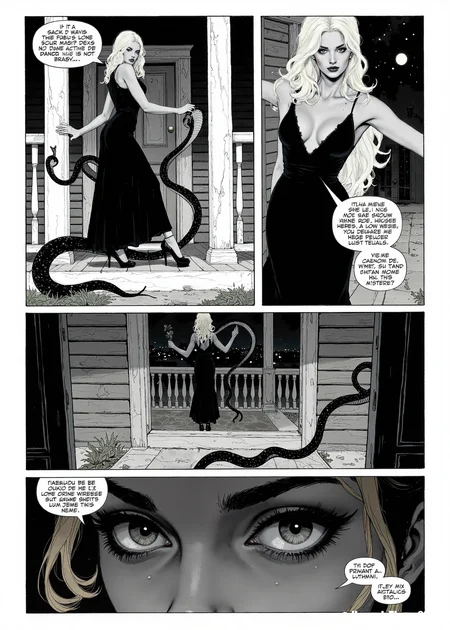 A graphic novel panel in stark black and white, reminiscent of classic comic book noir, depicting a series of interconnected scenes. The central figure is a platinum blonde woman in a flowing black dress and high heels, posed elegantly on a porch. The first scene shows her stepping onto the porch, a large, stylized serpent coiled at her feet. The second shows her leaning against a weathered porch pillar, the snake now subtly entwined with the fabric of her dress. The third is a close-up of her face, her expression a blend of serenity and intense focus, the snake's head visible just behind her. The fourth scene depicts her inside the house, a classic gray clapboard structure, viewed through the window, performing a ritualistic dance with the snake in the dimly lit room. Dialogue bubbles contain fragments of untranslated text, interspersed with English words like "Sophistication," "Primal," and "Embrace." The overall tone explores the convergence of high society and primal instinct, a dangerous elegance. The snake is a recurring motif, symbolizing a hidden, untamed aspect of the woman's personality. The dramatic lighting and high-contrast palette enhance the visual narrative, hinting at a hidden world beneath the surface. The final panel is a close-up of the woman's eyes, reflecting both the city lights and the serpentine coils, suggesting a captivating mystery. <lora:_Flux\_Painting\Erotic Comic F.safetensors:1.2:1.2>