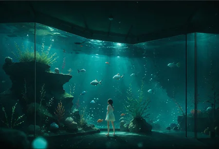 score_9, score_8_up, score_7_up, source_anime, 2girls, aquarium, a lots of fish, seaweed, rock, <lora:lonely_universe_ALPHA:0.7> lonely_universe, green theme, standing, looking at back, digital indicator,