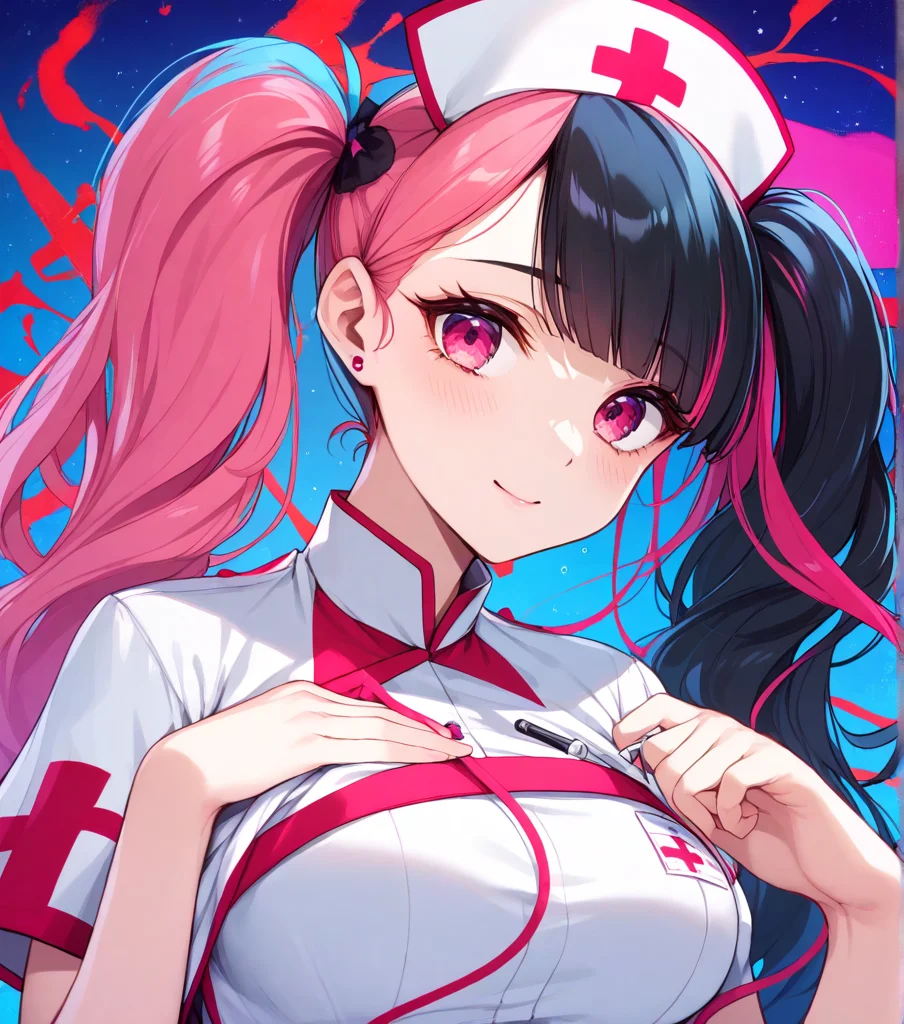 score_9, score_8_up, score_7_up, score_6_up, rating_safe, anime_source, zoe_rayne,
nurse,
1girl, solo, long hair, bangs, black hair, hat, twintails, pink hair, multicolored hair, pink eyes, two-tone hair, split-color hair,
large breasts, detailed background,
<lora:zoe_rayne:1>