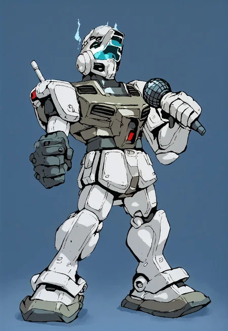solo, holding microphone, standing, full body, source_cartoon, score_9, score_8_up, score_7_up, gm_cold_districts_type, simple background