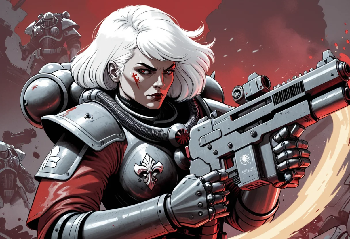 (Digital illustration), sister of battle, white hair, black and red power armor, holding bolter, dynamic composition, comic book \(style\), bold lines, dramatic shading, red splashes, line art, limited color palette, extremely detailed,
<lora:Sisters-of-Battle-subset-000004:1>