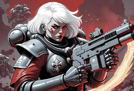 (Digital illustration), sister of battle, white hair, black and red power armor, holding bolter, dynamic composition, comic book \(style\), bold lines, dramatic shading, red splashes, line art, limited color palette, extremely detailed,
<lora:Sisters-of-Battle-subset-000004:1>